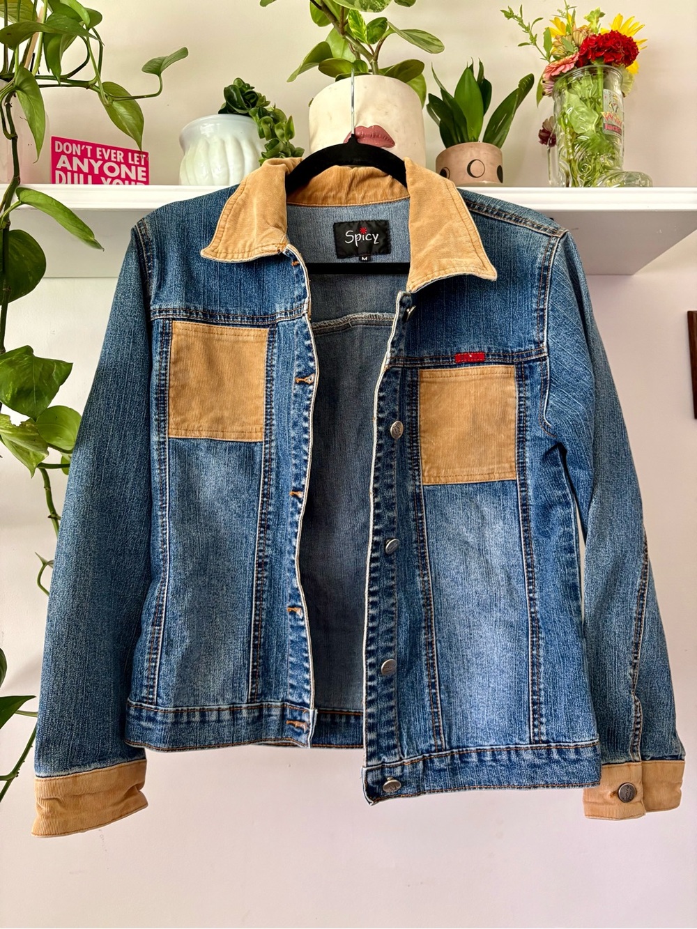 Women's Blue Denim Jacket with Tan Suede Accents